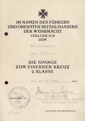 Document for the 1939 clasp to the Iron Cross 2nd class
